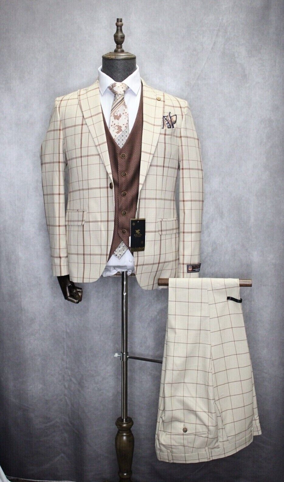 Mens Turkish Suit 3pc Slim Fit Beige and Brown Plaid By Moda Color K231-30 Suits In Style
