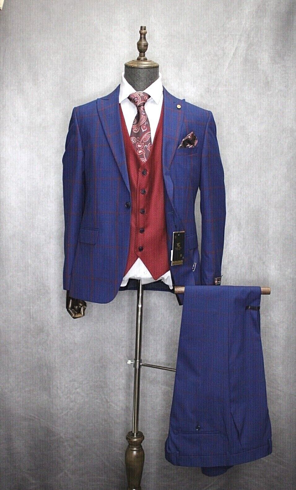 Mens Turkish Suit 3pc Slim Fit Blue and Red Plaid By Moda Color K231-08 Suits In Style