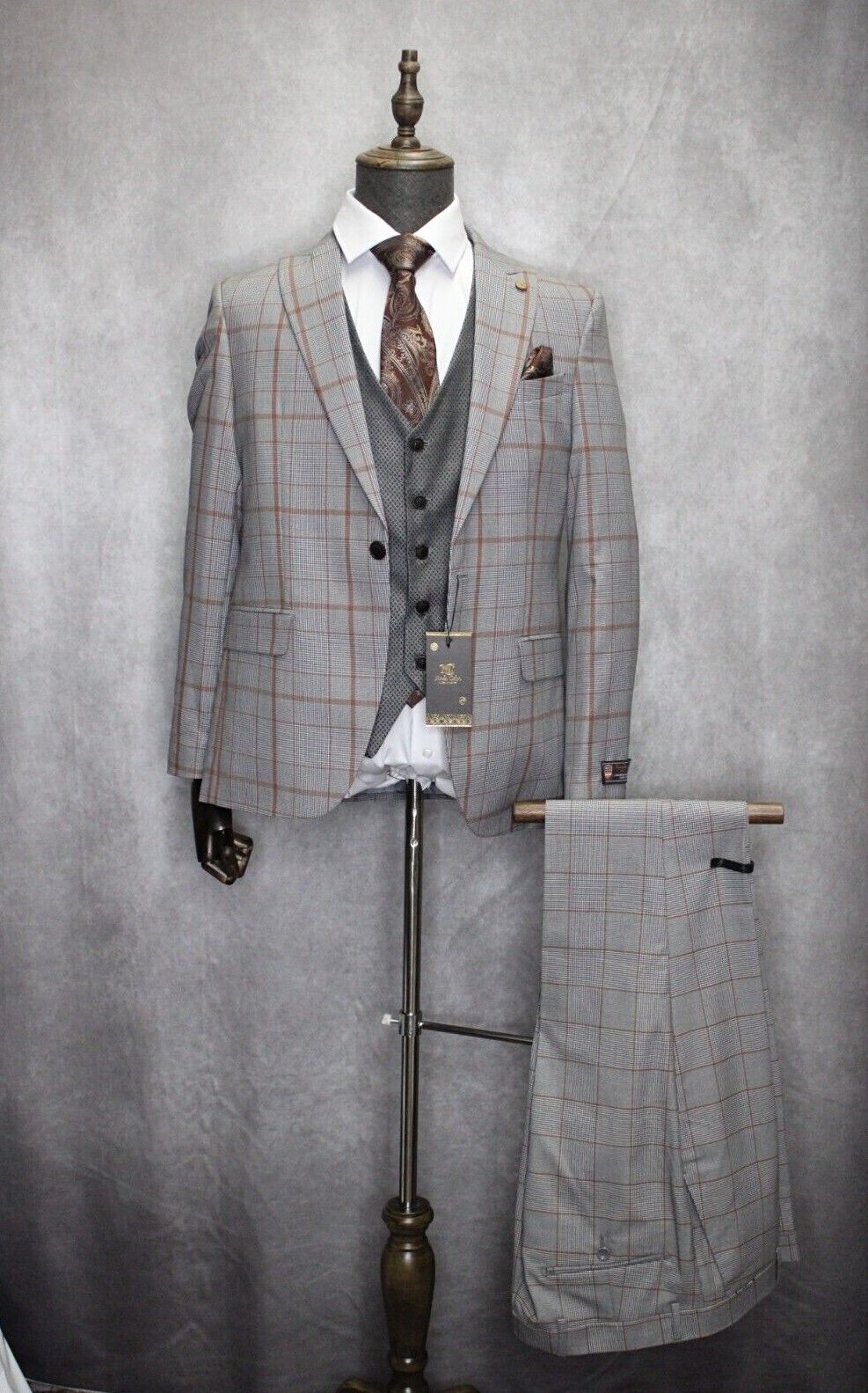 Mens Turkish Suit 3pc Slim Fit Grey and Brown Plaid By Moda Color K231-01 Suits In Style