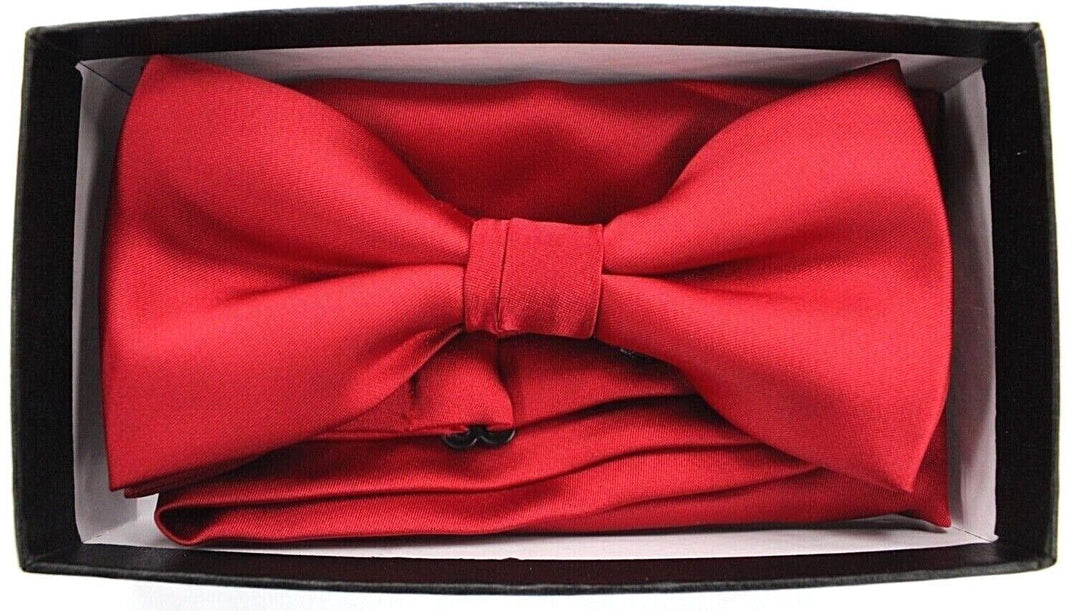 Men's Barcelona Solid Red Formal Party Clip-on Adjustable Bowtie/Hanky Set