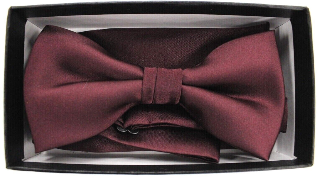 Men's Barcelona Solid Burgundy Formal Party Clip-on Adjustable Bowtie/Hanky Set