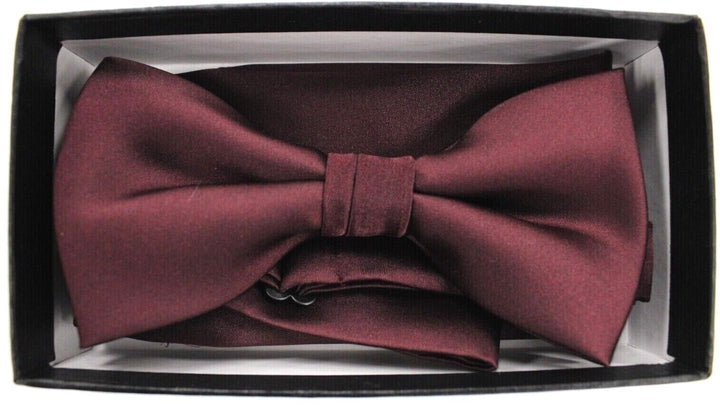 Men's Barcelona Solid Burgundy Formal Party Clip-on Adjustable Bowtie/Hanky Set