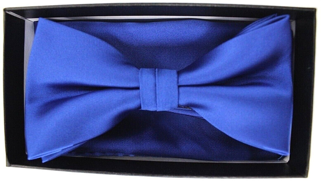 Mens Barcelona Solid Royal Blue Formal Party Clip-on Adjustable Bowtie/Hanky Set