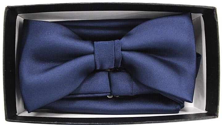Men's Barcelona Solid Navy Formal Party Clip-on Adjustable Bowtie/Hanky Set